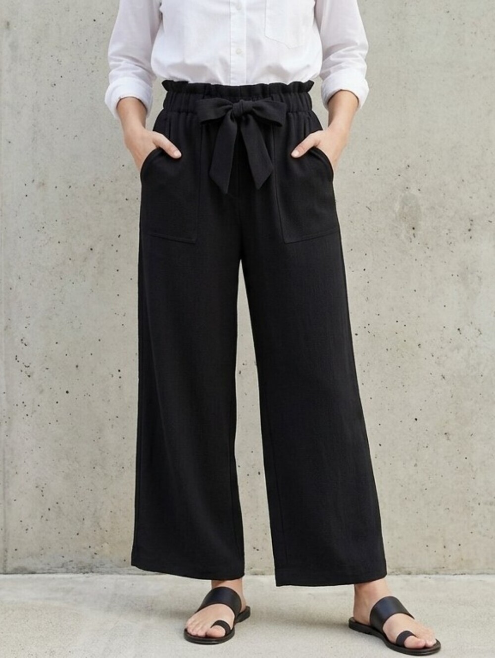 High Waisted Wide Leg Pants Black Tie Belt Paperbag Elastic Waist - Size XS